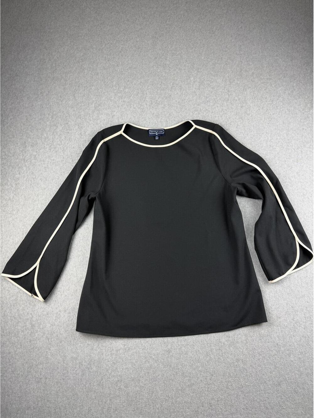 Duffield Lane Black Contrast Piping Bell Sleeve Top Career Blouse Women's M